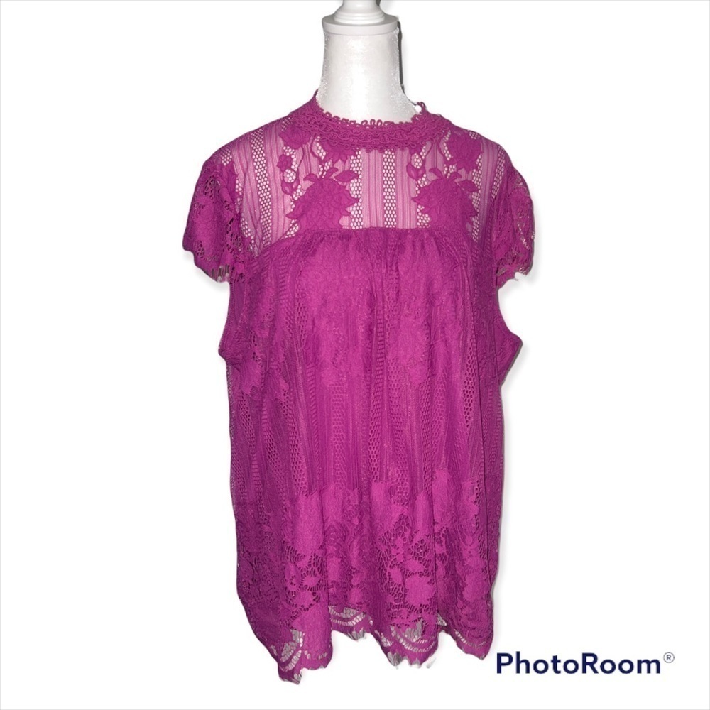 Ultra Pink Magenta Floral Lace Mock Neck Cap Sleeve Blouse Top NWT Small